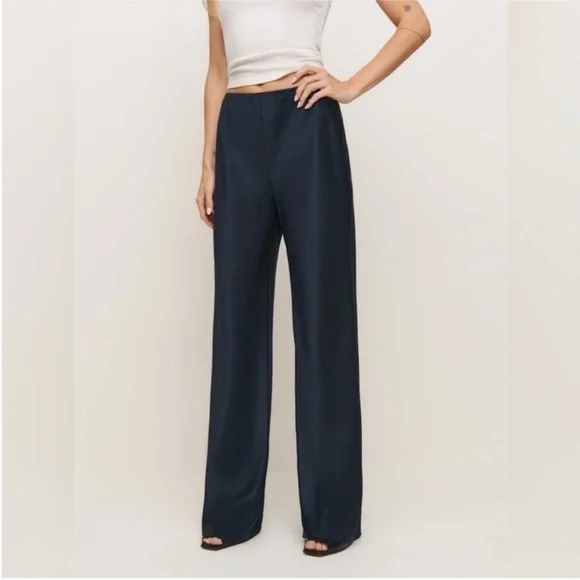 Reformation Gale Satin Mid Rise Bias Pant in Midnight - Picture 2 of 8